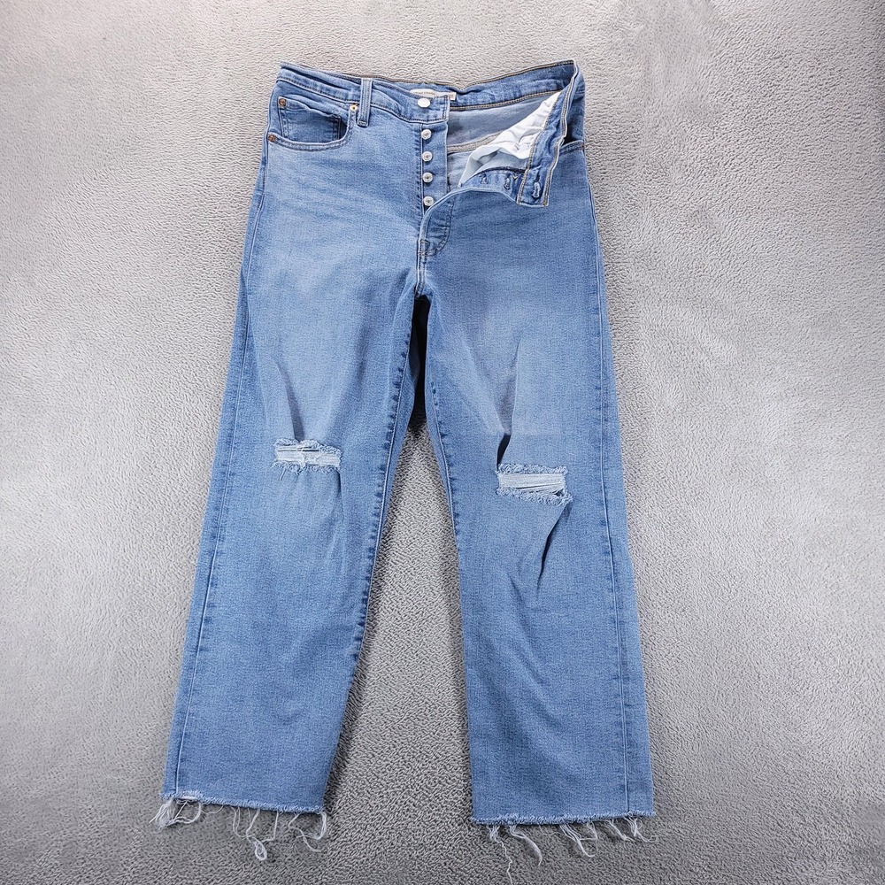Levis Jeans Womens 31 Blue Ribcage Straight Ankle Button Fly Distressed Raw Hem